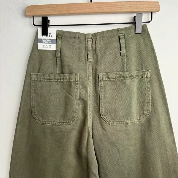 NWT ZARA Wide Leg Cropped Jean Pants Sz 0 Army Olive Green High Rise - Image 10