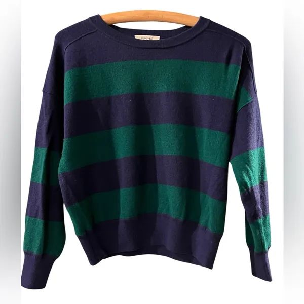 Madewell Merino Wool Crewneck Pullover Sweater Purple Green Striped M Collegiate - Image 2