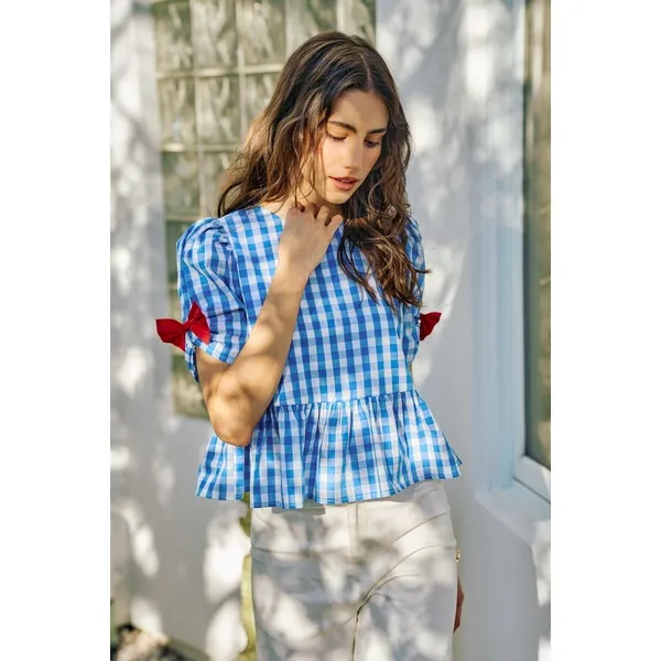 SO ME 4th Of July Gingham Ribbon Detail Short‎ Sleeves Blouse - Medium - Image 10