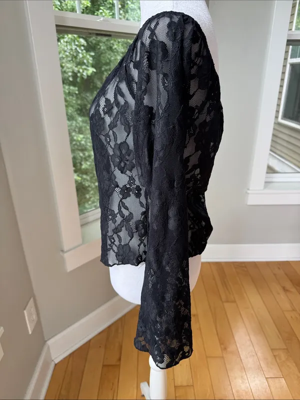 Vintage Black Floral Lace Off-Shoulder Flare Sleeve Blouse Fits Small to Medium - Image 2