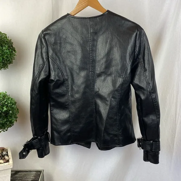 Nanette Lepore Black Faux Leather Zip Up Cropped Moto Motorcycle Jacket S - Image 3
