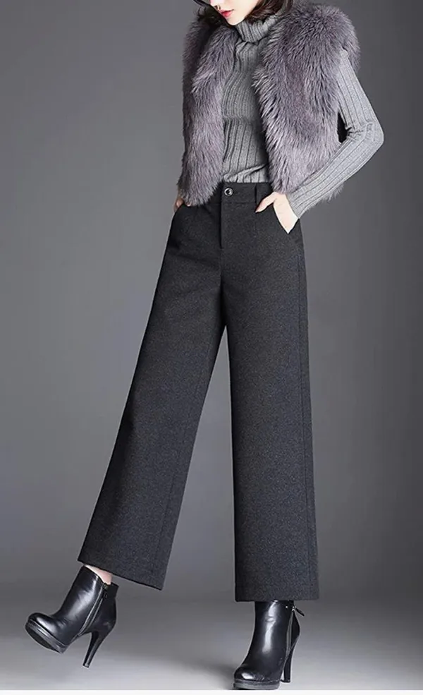 Tanming Women's Casual High Waist Trousers Wool Blend Cropped Wide Leg Pants - Image 4