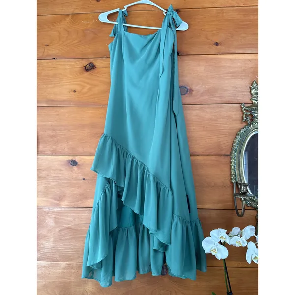 Lulus Tamryn Dark Sage Asymmetrical Ruffled Midi Dress Dance Bridesmaid Medium - Image 2