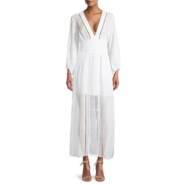 Rebecca Taylor Long Smock Waist Linen &‎ Crochet Dress Size Large - Image 3