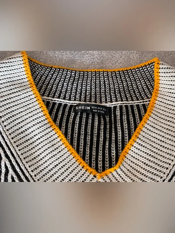 Women’s SHEIN Black & White Striped V-Neck Sweater with Yellow Trim Size Medium - Image 3