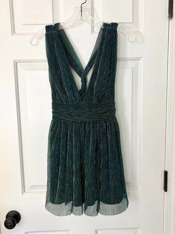 Lulu’s Ailey Teal Blue & Gold Skater Dress - Image 3