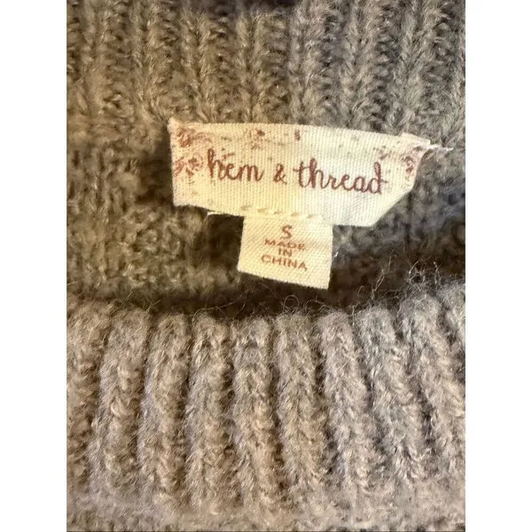 Hem & Thread Grayish Brown Pullover Fringe Hem Wool Blend Sweater Size Small (73 - Image 4