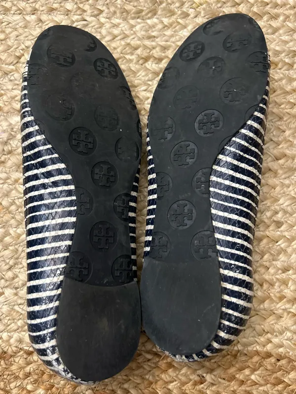 Tory Burch Reva Navy Blue White Striped Snake Skin Embossed Logo Ballet Flat 6.5 - Image 9
