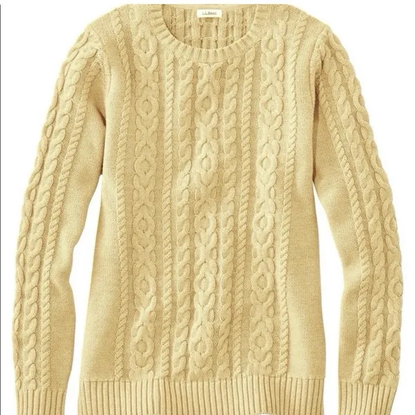 LL Bean Yellow Double L Mixed Cable Cotton Crew Neck Pullover Sweater Size LARGE - Image 10