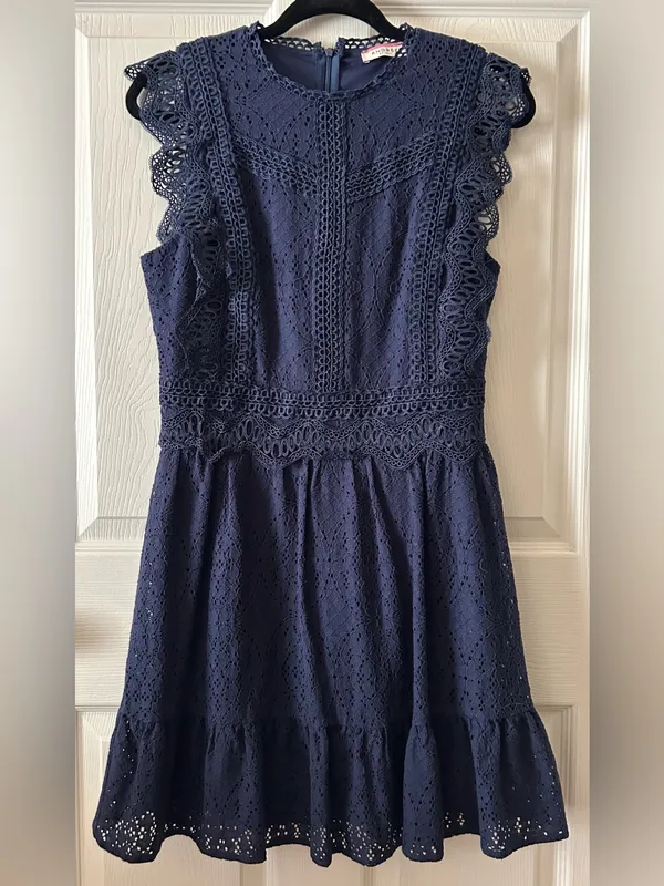 Andree by Unit Navy Cottage Eyelet Mini Dress Med Indie Cotton Blend Boho-Chic - Image 2