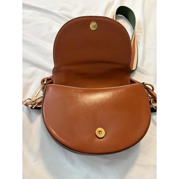 Saddle Bag Crossbody Cognac‎ Brown Striped Webbing Strap Boho Chic Handbag - Image 8