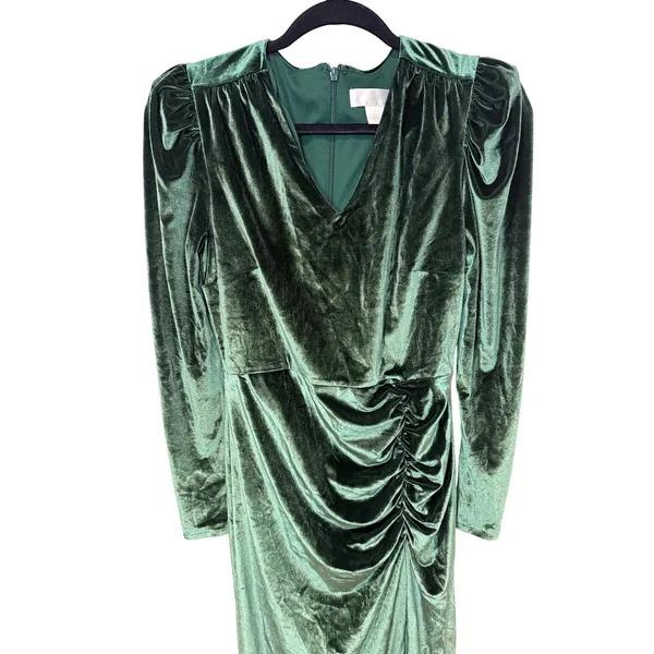Rachel Parcell Velvet Midi Dress Emerald Green V-Neck Ruched Size Small - Image 3