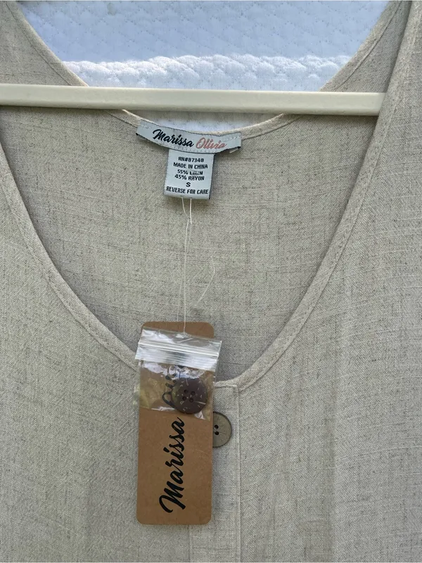 Marissa Olivia Women’s Small Oatmeal Linen Blend Tiered Button Front Midi Dress - Image 2