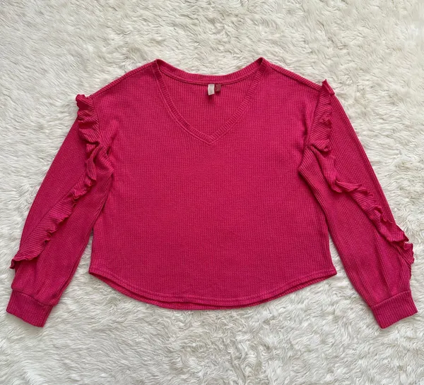 Anthropologie Pilcro Top Ruffled V-Neck Shirt Waffle Knit Raspberry Pink L - Image 3