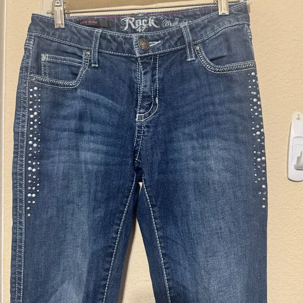 Y2K Wrangler‎ Rock 47 Low Rise Blue Jeans Women’s Studded Flare rhinestone 4/27 - Image 4