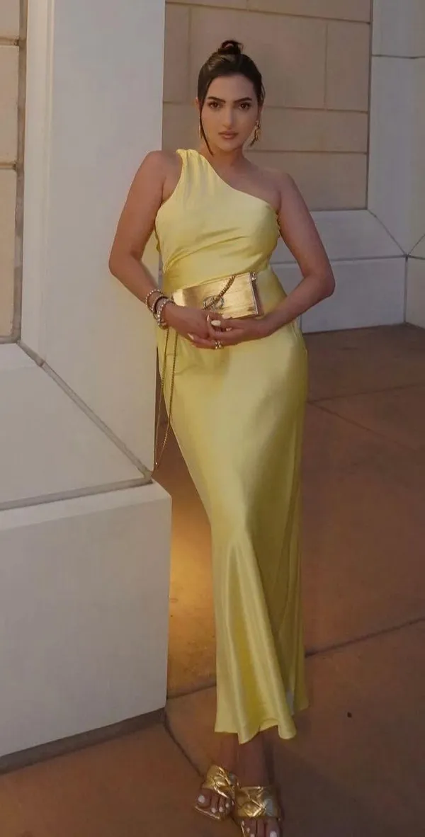 Zara maxi dress satin effect formal wedding asymmetrical lemon yellow wedding - Image 3