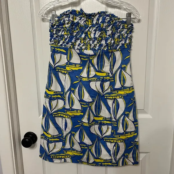 Lilly Pulitzer Blue White Sailboat‎ Strapless Dress - Image 3