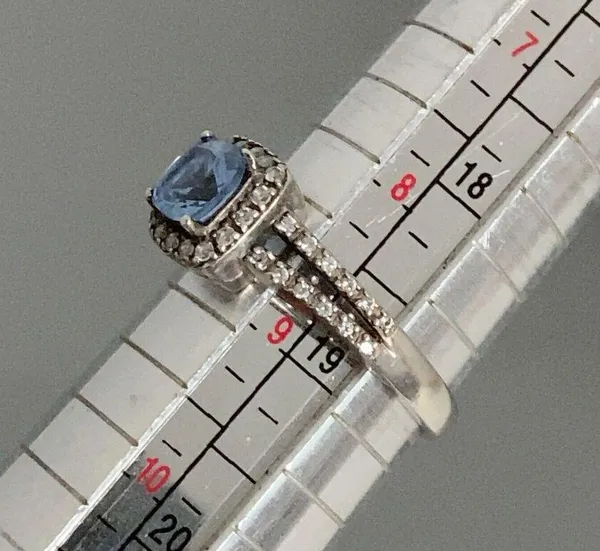 925 Sterling Silver Simulated London Blue Topaz Engagement Ring Signed AC TM - Image 4