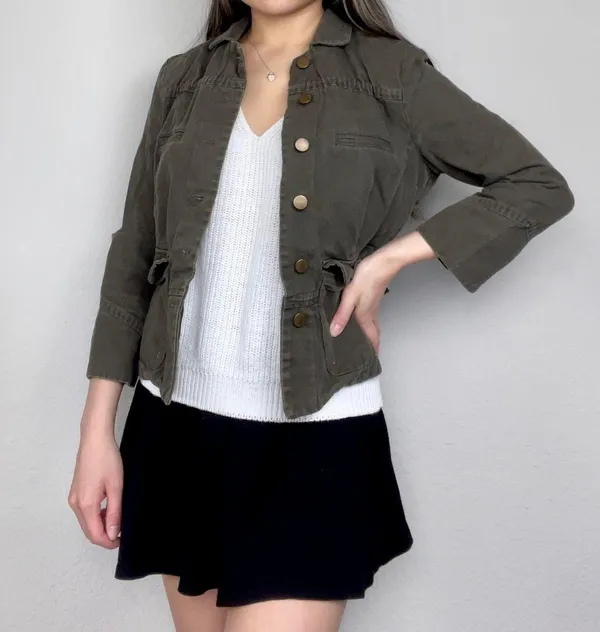 Dark Olive Green Three-Quarter-Sleeve Button-Up Fitted Field Jacket - Image 2