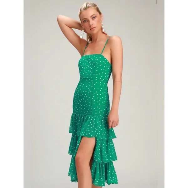 Lulus NWT Women Large Nellie Green Polka Dot Ruffle Midi Dress Dainty Romantic - Image 2