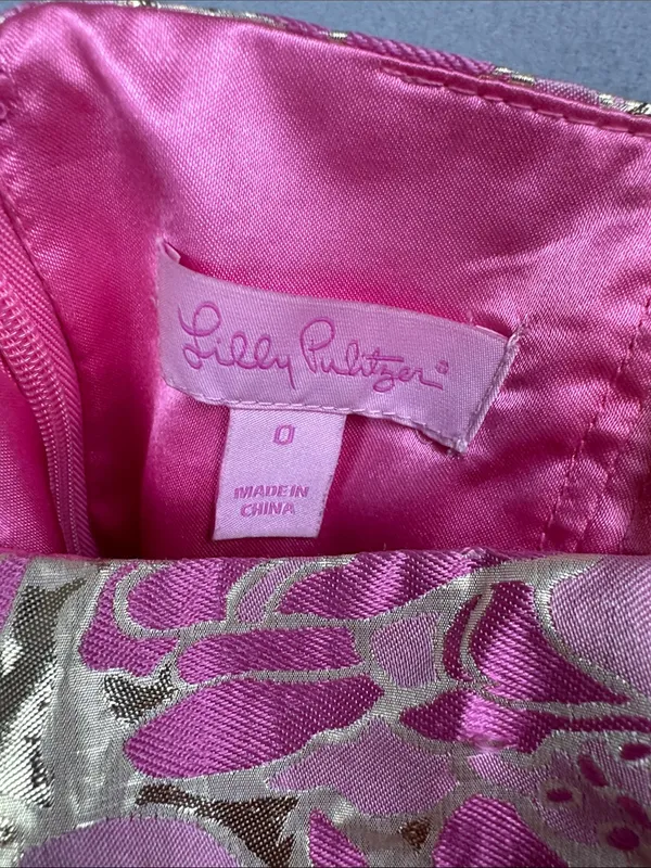 Lilly Pulitzer Raya Strapless Pink Floral/metallic gold Brocade Dress Size: 0 - Image 4