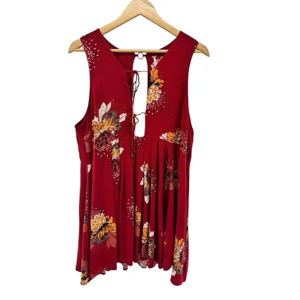 Free‎ People Lovely Day Floral Printed Red Boho Tunic Mini Dress Medium Flowy - Image 3