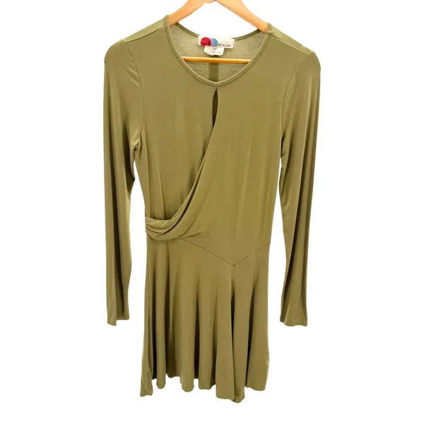 Free People FP Beach Vance Mini Dress S Green Wrap Keyhole Knit Long Sleeve - Image 2