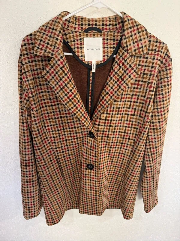 Avec Les Filles Longline Plaid Houndstooth Blazer Tan Red Black Size S - Image 4