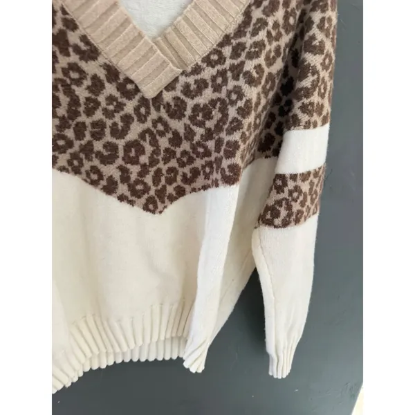 Daytrip Womens Leopard Print V-Neck Sweater Cream Brown Chevron Fall Medium - Image 4