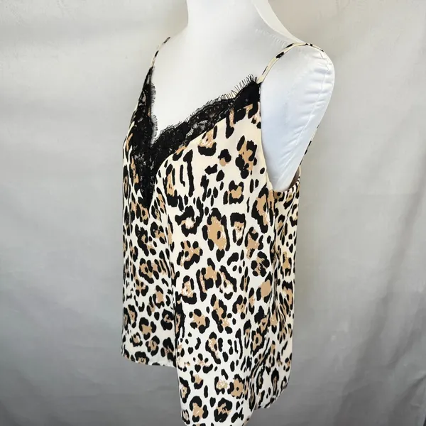 Socialite Tank Cami Sz L Beige V Neck Animal Print Lace Trim Spaghetti Straps - Image 3