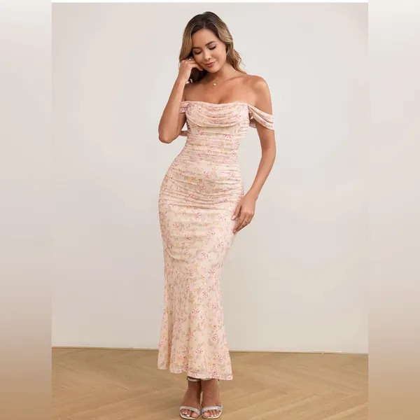 Women Off The Shoulder Maxi Long Dress Corset Ruched Bodycon Formal Dress - Image 4