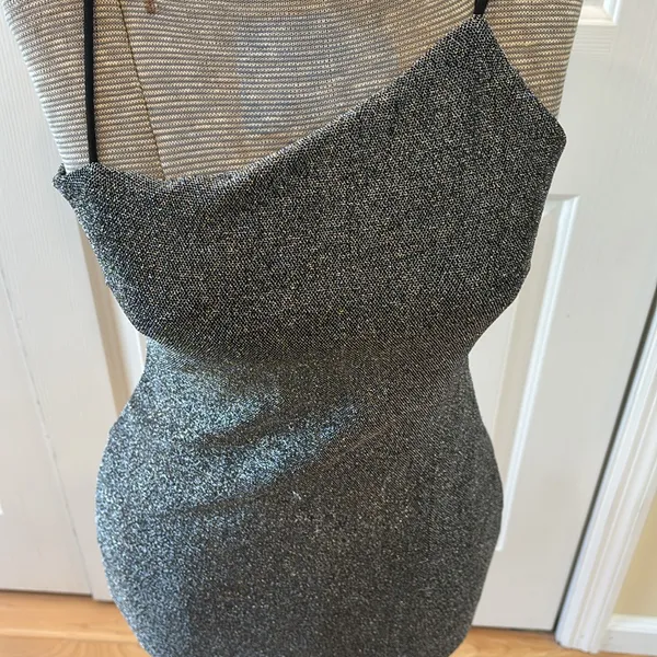 Lulus asymmetrical thin strap lightly lined black glitter dress - Image 5