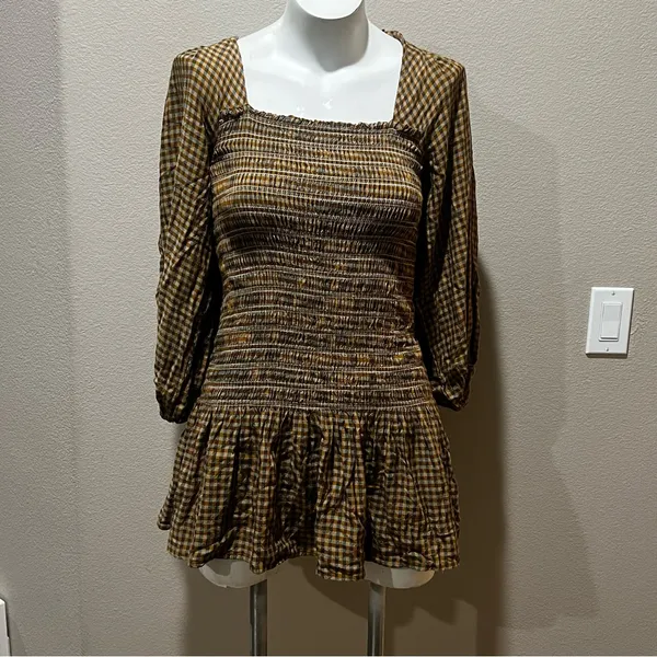 Urban Outfitters plaid smocked long sleeve mini dress - Image 2