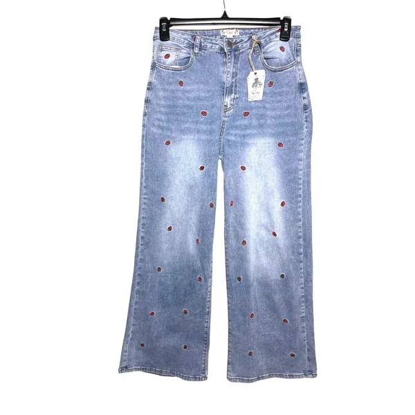 NWT EASEL l Strawberry Fields Embroidered Lightwash Wide Leg Jeans - Image 3