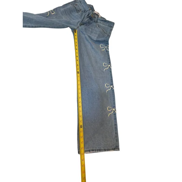 Wide Leg Bow Embroidered Jeans‎ Blue White Trendy Coquette Baggy Preppy Size 27 - Image 7