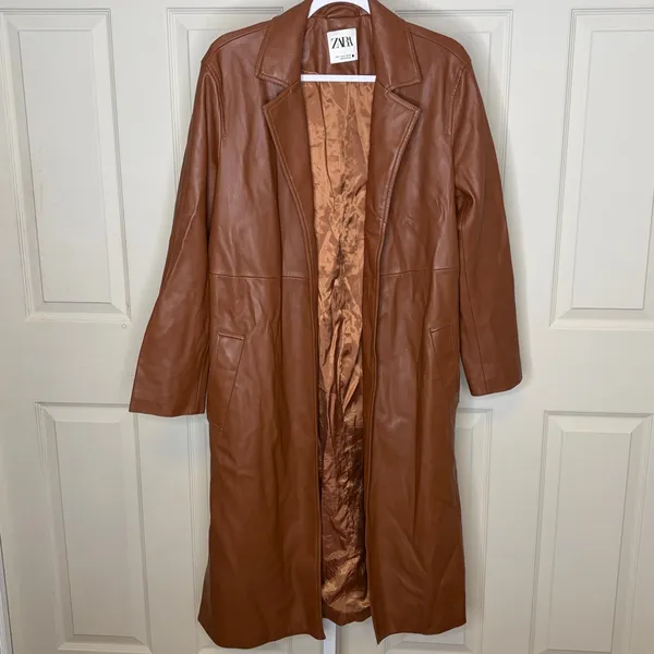 Zara Camel Brown Faux Leather Trench Coat - Image 2