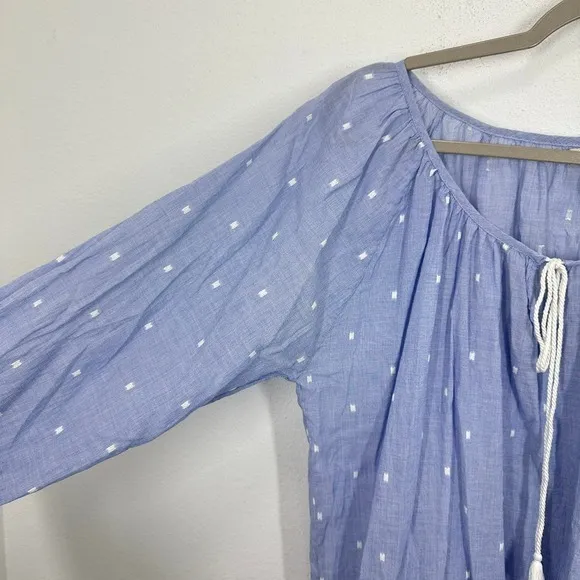 J. Crew Blue Peasant Top Polka Dot Gauzy Tie Neck Tassel‎ 3/4 Puff Sleeve Size M - Image 5