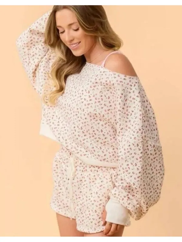 Blogilates Bride To Be Floral Off Shoulder Sweatshirt Medium Ivory Pink Cozy - Image 2