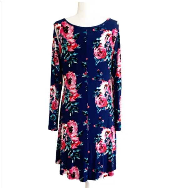 Dearcase Dress Blue Pink Floral Jersey Long Sleeve V-Neck Swing Dress Large NEW - Image 4