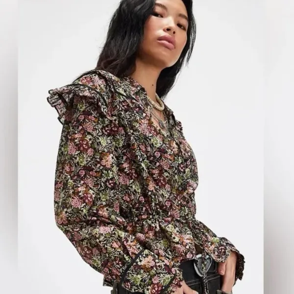 NWT Free People Daybreak Floral Print‎ Long Sleeve Shirt Ruffle Details Large - Image 3
