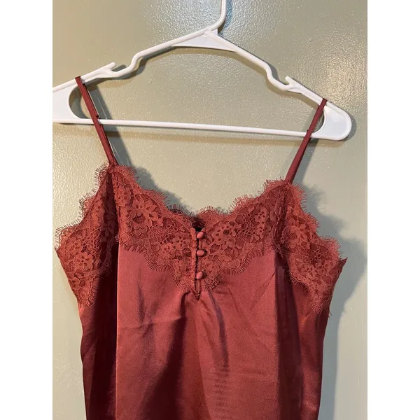Abercrombie & Fitch Womens Sz Small Satin Lace Trim Cami Dusty Rose Pink Buttons - Image 3
