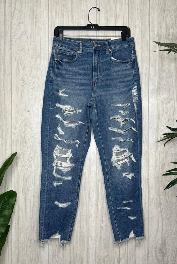 NWT American Eagle Stretch High Rise Ripped Mom Jeans Indigo Shatter 6 Short - Image 2