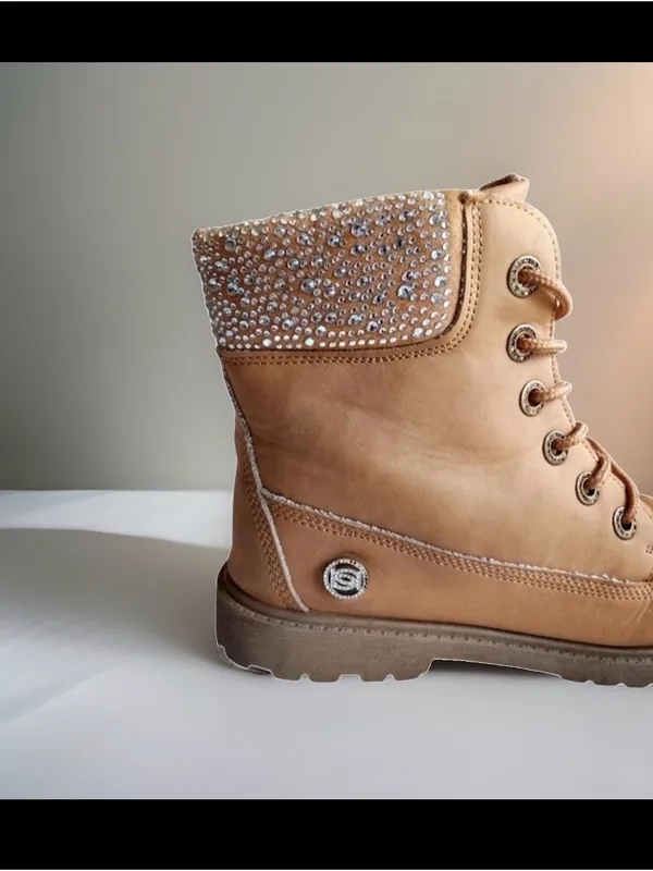 NWOT bebe Zara Rhinestone Studded Combat Boots Tan wheat moto Sz 7.5 Fall bling - Image 6