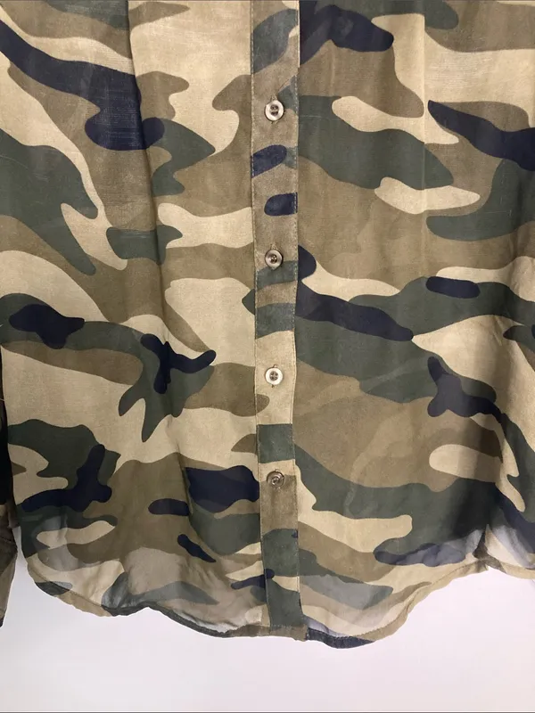 Wet Seal Camo Button-Down Shirt in Olive Green and Dark Green - Image 6