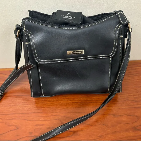 Liz Claiborne Black Crossbody Bag with White Stitching-very CLEAN! - Image 2