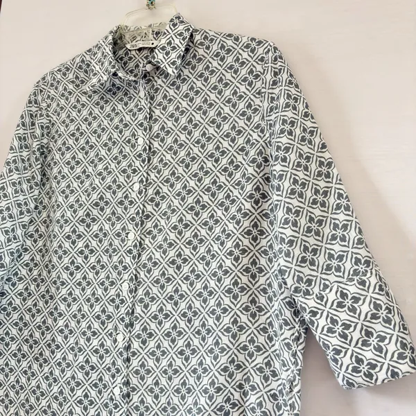 Zara Linen Floral‎ Print Button-up Shirt Tunic, 3/4 Sleeve, White/Blue XSmall - Image 3