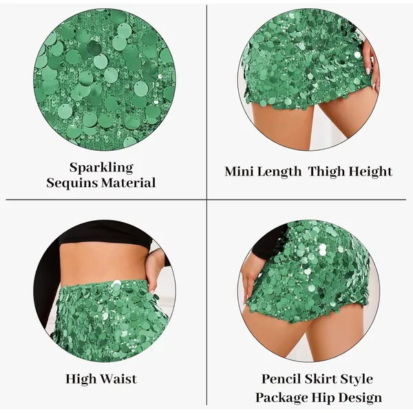 Like an angel NWT Waist Wow Green Sequin‎ Bodycon Mini Skirt Stretchy Party Club Small - Image 4