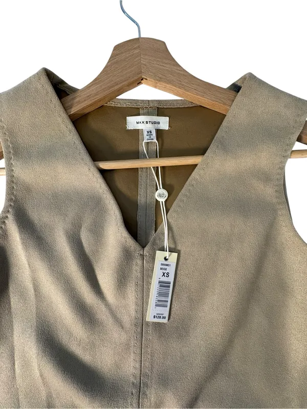 Max Studio Womens XS Faux Suede Mini Shift Dress Taupe Tan V Neck Pockets NWT - Image 7