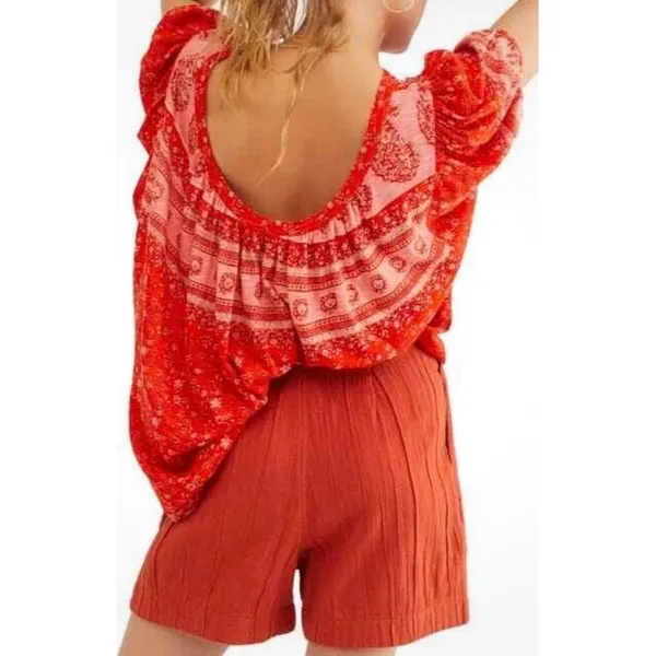 FREE PEOPLE Fruit Punch Combo Orange Paisley Boho Puff Sleeve Oversized Top S - Image 2