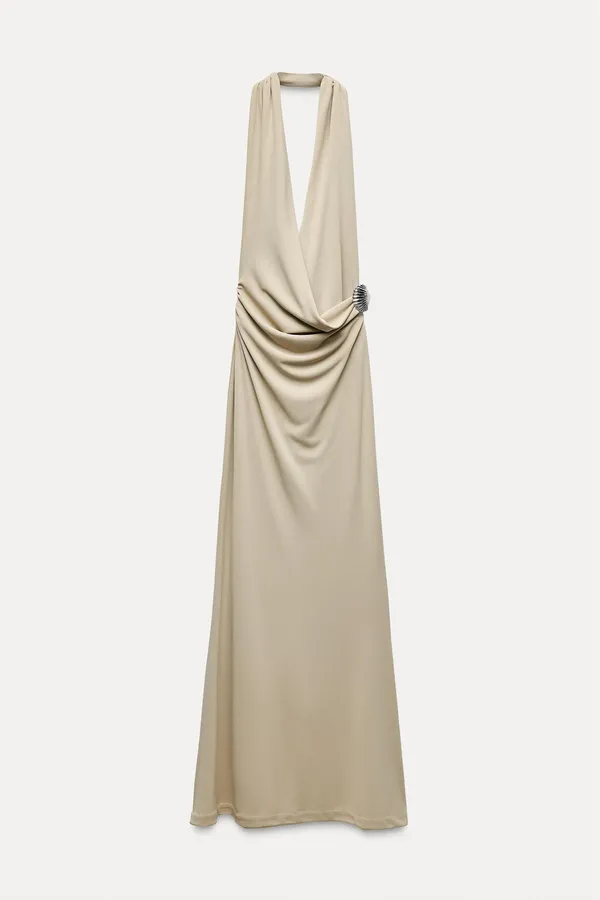 Zara dress maxi bodycon fitted halter plunge neck open back evening wedding - Image 18